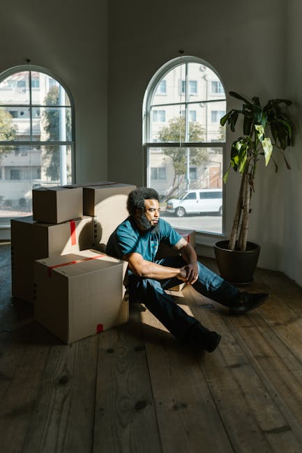 A man with curly hair, wearing a teal t-shirt and dark trousers, sits on a wooden floor inside a room with large arched windows that allow natural daylight to illuminate the space. He is surrounded by moving cardboard boxes, some stacked and others placed on the floor, indicating a home relocation process. The boxes are sealed with packing tape, and there are no visible labels. A large potted plant with broad green leaves stands nearby, adding to the indoor environment. Outside the windows, blurred views of parked cars and buildings are visible, suggesting an urban setting. The scene captures a moment of pause during furniture transport or packing and moving preparations, with the natural light highlighting the interior and the ongoing loading or unloading activities. Man With a Van Cowley, a company specializing in removals, may be involved in this moving process.