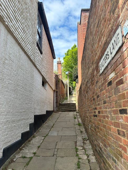 A narrow paved alleyway between two brick buildings, with the left side featuring a white-painted exterior wall and small, high-set windows, and the right side displaying a red-brick wall with a street sign reading 'FALLOWS LANE' attached near the top. The alley has a series of steps at the far end, leading up to a street with a lamppost, trees, and a partly cloudy blue sky overhead. This confined passage reflects a typical setting for house removals and furniture transport in tight access areas, as handled by Man With a Van Cowley, which specializes in residential moving services and packing logistics for home relocation projects.